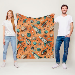 Retro Rocket Space Pattern Terracotta Teal Fleece Blanket