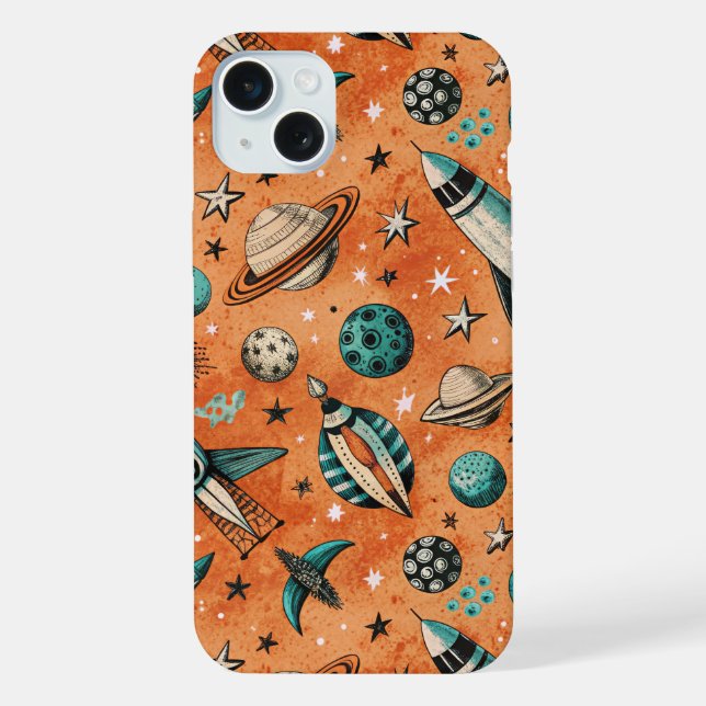 Retro Rocket Space Pattern Terracotta Teal iPhone Case (Back)