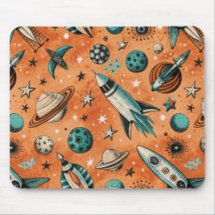 Retro Rocket Space Pattern Terracotta Teal Mouse Pad