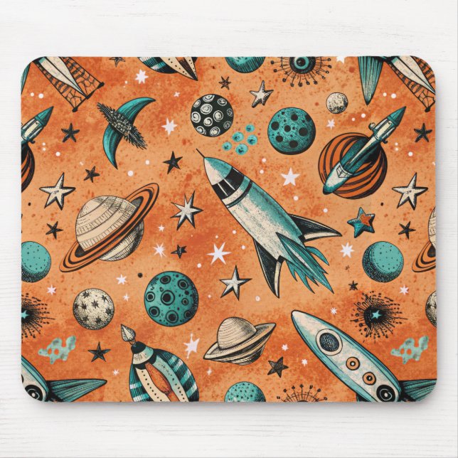 Retro Rocket Space Pattern Terracotta Teal Mouse Pad (Front)