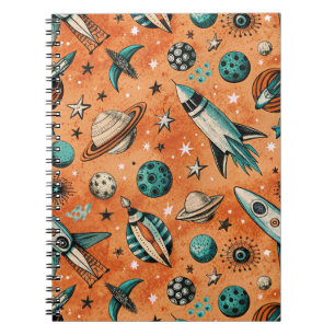 Retro Rocket Space Pattern Terracotta Teal Notebook