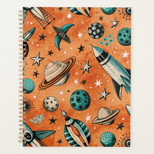 Retro Rocket Space Pattern Terracotta Teal Planner (Front)