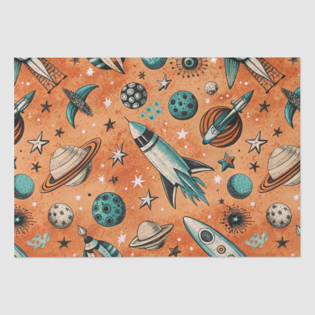 Retro Rocket Space Pattern Terracotta Teal Tissue Paper (Front)