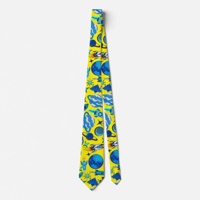 Retro Rockets in Space. B Yellow BG Tie (Front)