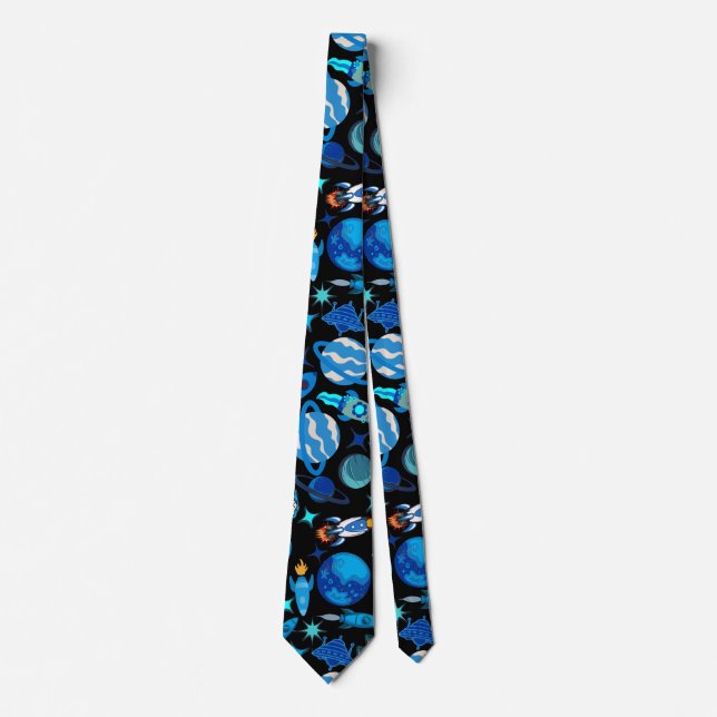 Retro Rockets in Space.Black BG Tie (Front)