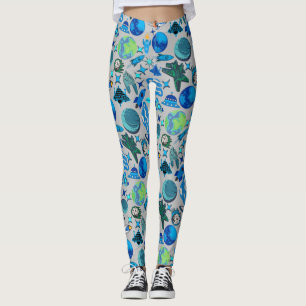 Retro Rockets in Space. L Grey BG Leggings