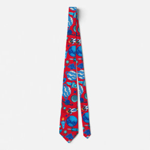 Retro Rockets in Space. Red BG Tie