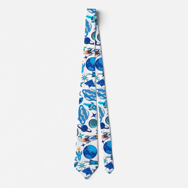 Retro Rockets in Space. White BG Tie (Front)