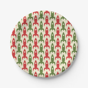 Retro Rockets Pattern in Christmas Red and Green Paper Plate