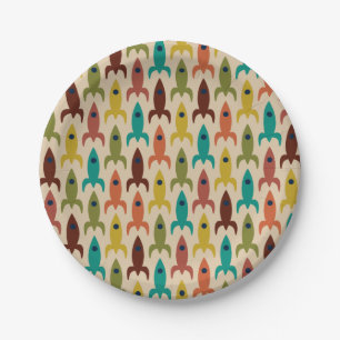 Retro Rockets Space Age Atomic Era Pattern Paper Plate