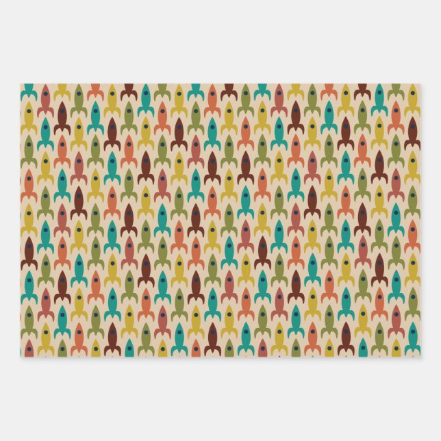 Retro Rockets Space Age Midcentury Rocket Pattern Wrapping Paper Sheet (Front)
