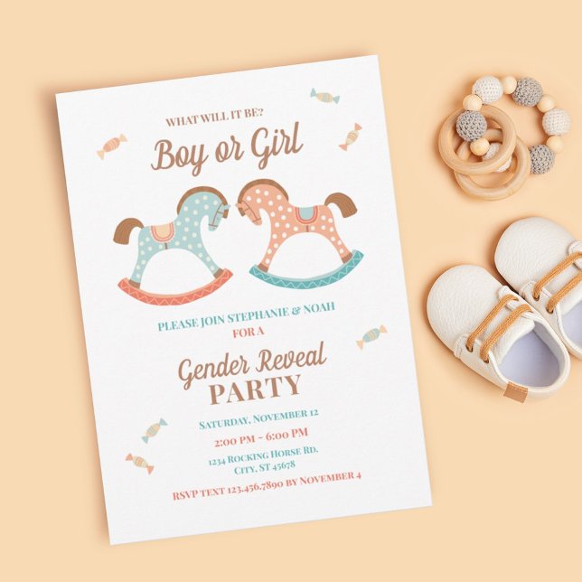 Retro Rocking Horse Baby Gender Reveal Invitation (Creator Uploaded)