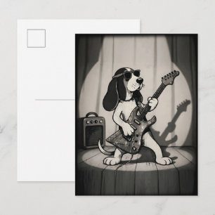Retro Rockstar Basset Hound Guitarist Monochrome Postcard