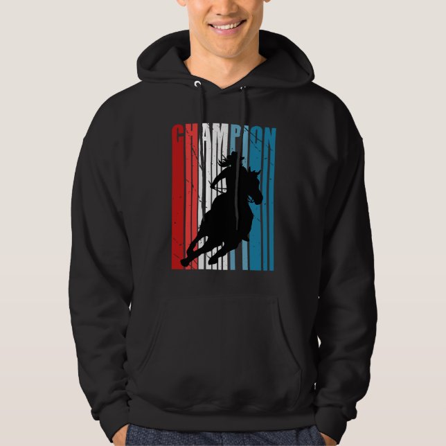 Retro Rodeo Champion Cowgirl on Horse Riding Patri Hoodie (Front)