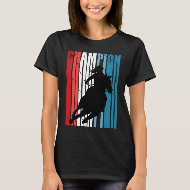 Retro Rodeo Champion Cowgirl on Horse Riding Patri T-Shirt (Front)