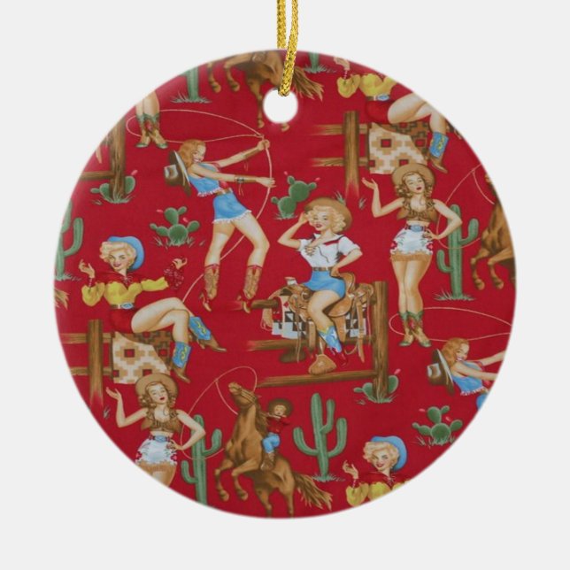 Retro Rodeo Cowgirls Christmas Tree Ornament (Front)