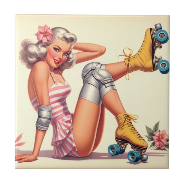 Retro Roller Girl Pin Up Ceramic Tile (Front)