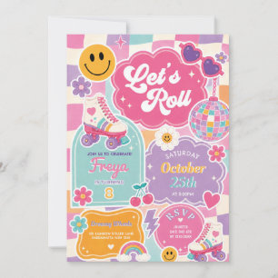 Retro Roller Skate Checkered Rainbow Girl Birthday Invitation