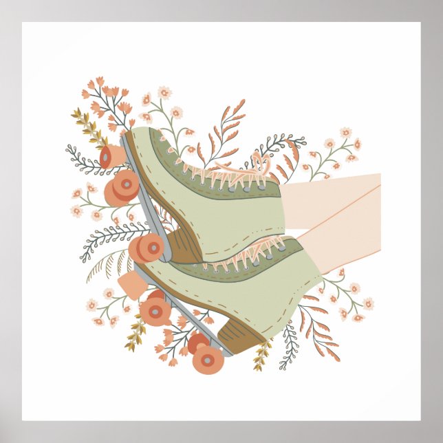 Retro Roller skate flowers in pastel for wall Poster (Front)