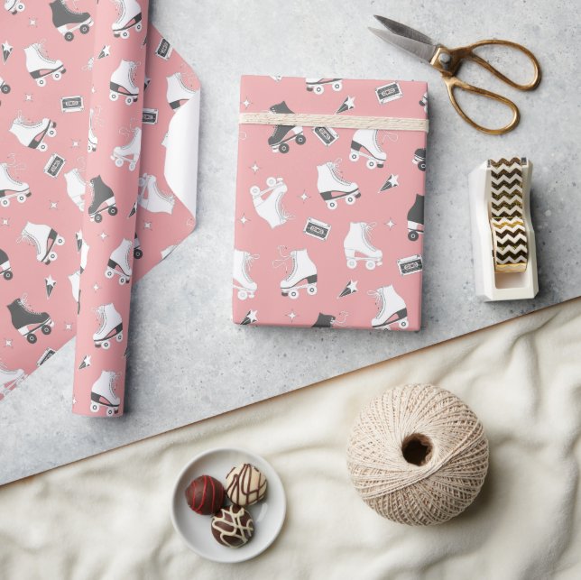 Retro Roller Skates and Cassette Tapes Wrapping Paper (Crafts)