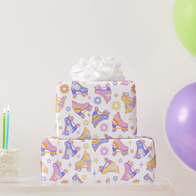 Retro Roller Skates and Daisies Wrapping Paper (Party Gifts)
