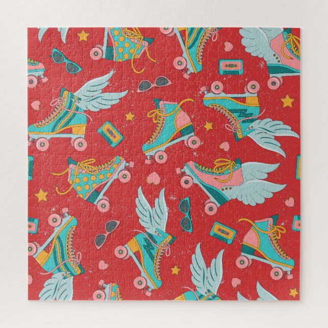 Retro Roller Skates: Bright Red Background Jigsaw Puzzle (Vertical)