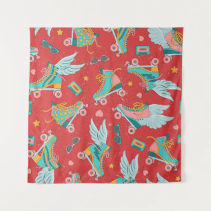 Retro Roller Skates: Bright Red Background Tapestry