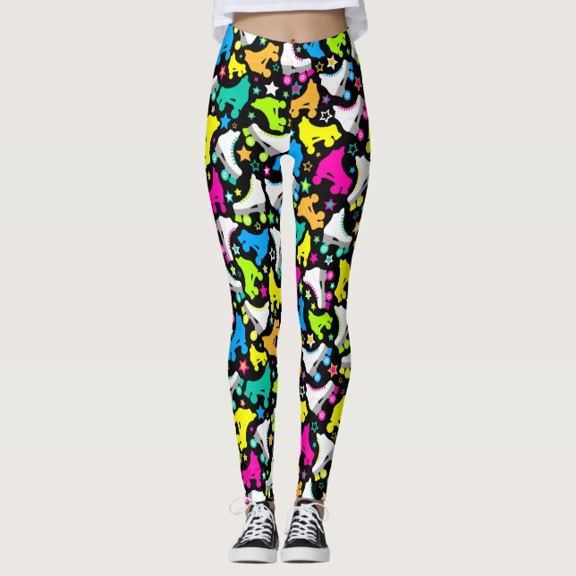Retro Roller Skates Neon Brights on Black Leggings (Front)