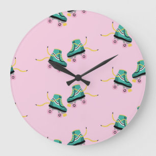 Retro roller skates: pink pattern. large clock