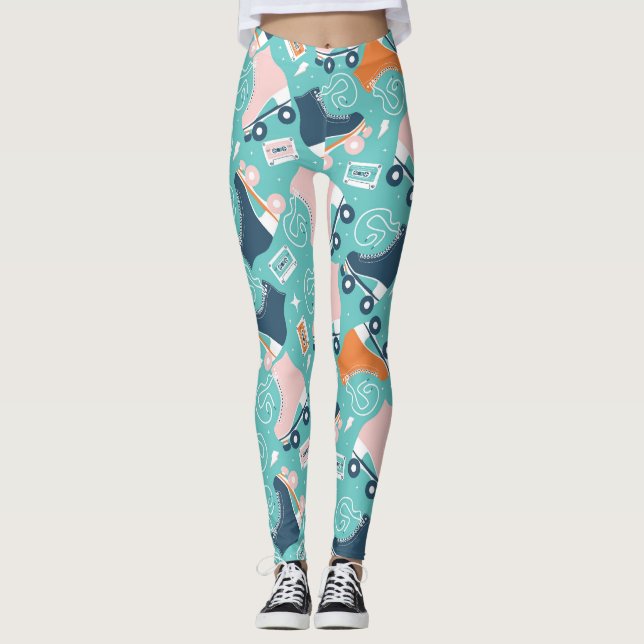 Retro Roller Skates: Vintage Cassette Leggings (Front)