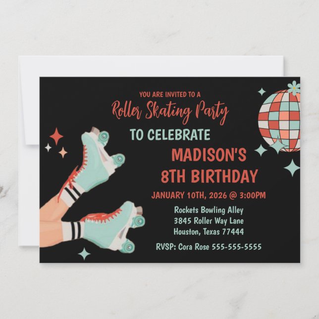 Retro Roller Skating Birthday Party Invitation (Front)