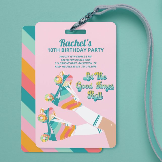 Retro Roller Skating Birthday Party Pink  ID Badge (Fun Retro Rollerskating Birthday Party Lanyard Invitations
)