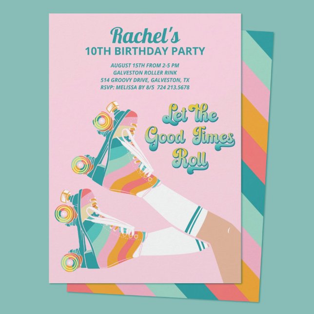 Retro Roller Skating Birthday Party Pink  Invitation (Cute Retro Rollerskating Birthday Party Invitation.)