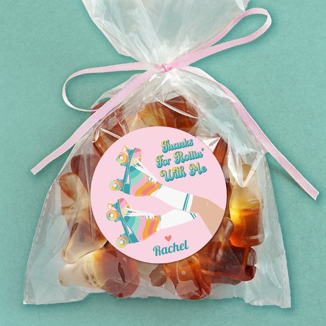 Retro Roller Skating Birthday Party Thank You Classic Round Sticker (Decorate a treat bag for your birthday party guests with this retro rollerskating sticker.)