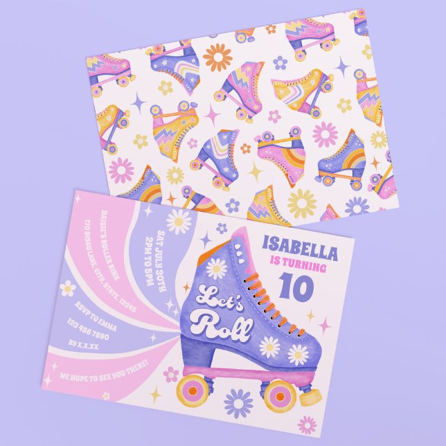 Retro Roller Skating Disco Birthday Party Invitation (Let's roll on into the party with this fun and bright purple themed roller skate invitation!)