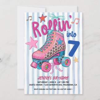 Retro Roller Skating Girl 7th Birthday Let's Roll Invitation