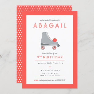 Retro Roller Skating Party in Coral and Grey Invitation