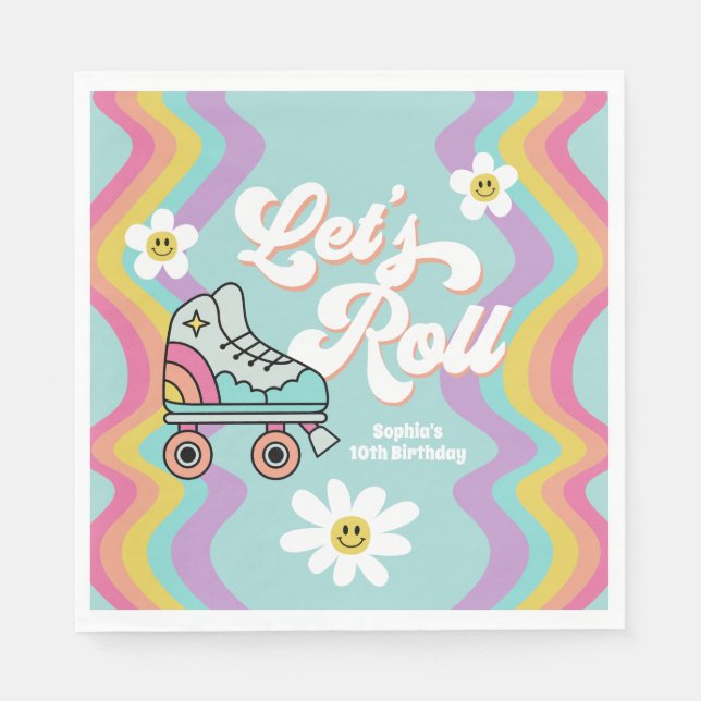Retro Roller Skating Rainbow Birthday Napkins (Front)