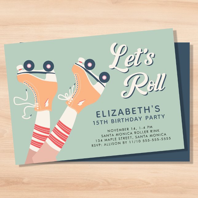 Retro Roller Skating Sage Birthday Party Invitation (A cool roller skating birthday party invitation with a retro vibe)