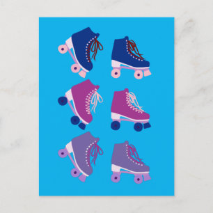 Retro Rollerskates Purple Pink Blue Pattern Postcard