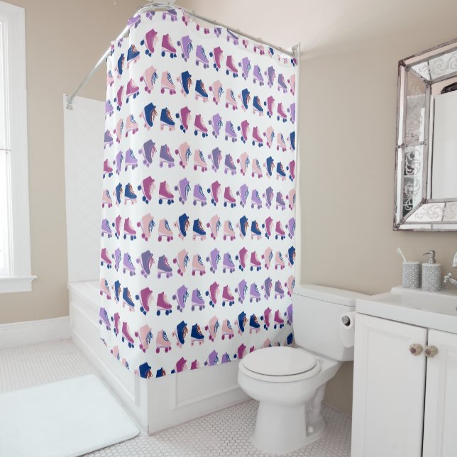 Retro Rollerskates Purple Pink Pattern Shower Curtain (In Situ)