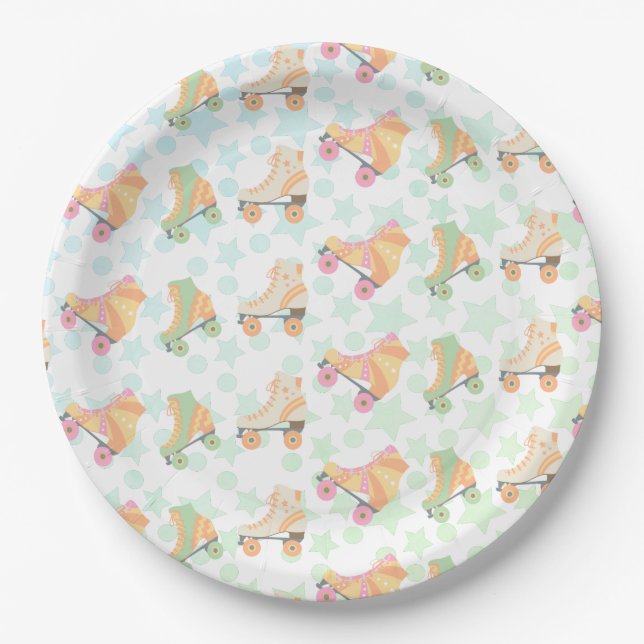 Retro Rollerskating Birthday Skates Stars Pastel Paper Plate (Front)
