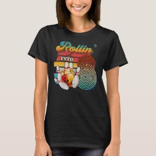 Retro Rollin Into 8 Bowling Birthday Party 8th T-Shirt