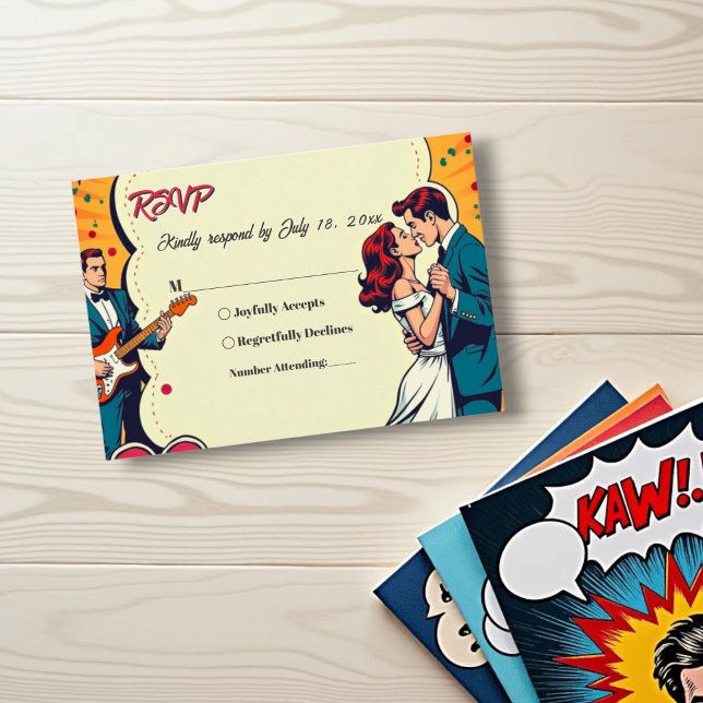 Retro Romantic Bride and Groom Comic Style Wedding RSVP Card (Creator Uploaded)