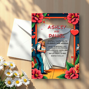 Retro Romantic Bride And Groom Dance Comic Wedding Acrylic Invitations