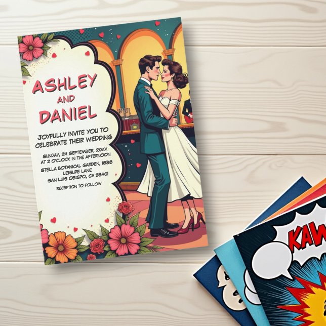 Retro Romantic Couple Dance Comic Style Wedding Invitation (Creator Uploaded)
