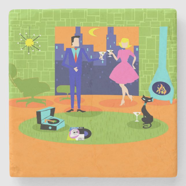 Retro Romantic Evening Couple Stone Coaster (Front)