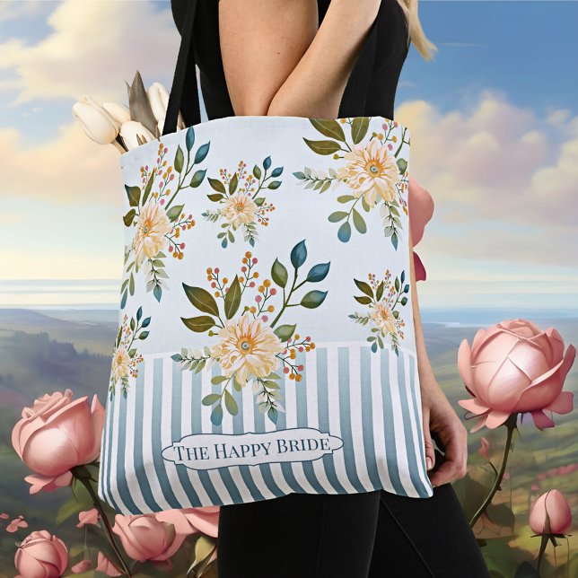 Retro Romantic Floral Bridal Tote Bag (Romantic vintage tote bag with stripes on dusty blue with pretty flowers)