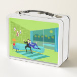 Retro Romantic Gay Couple Metal Lunch Box<br><div class="desc">This Retro Romantic Gay Couple Metal Lunchbox design is simply fabulous! The 1960s style, minimalist art design features an attractive couple enjoying a romantic evening. They are snuggled up on their beautiful, modern turquoise sectional, in their Palm Springs home. The sophisticated, lime green room prominently features a sloped green stone wall,...</div>