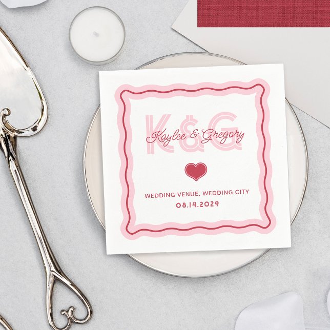 Retro Romantic Wavy Frame Heart Monogram Wedding Napkin (Creator Uploaded)